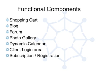 Functional Components Shopping Cart Blog Forum Photo Gallery Dynamic Calendar Client Login area Subscription / Registration 