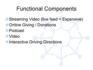 Functional Components Streaming Video (live feed = Expensive) Online Giving / Donations Podcast  Video Interactive Driving Directions 