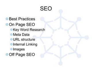 SEO Best Practices On Page SEO Key Word Research Meta Data URL structure Internal Linking Images Off Page SEO 