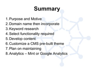 Summary Purpose and Motive Domain name then incorporate Keyword research Select functionality required Develop content Customize a CMS pre-built theme Plan on maintaining Analytics – Mint or Google Analytics 