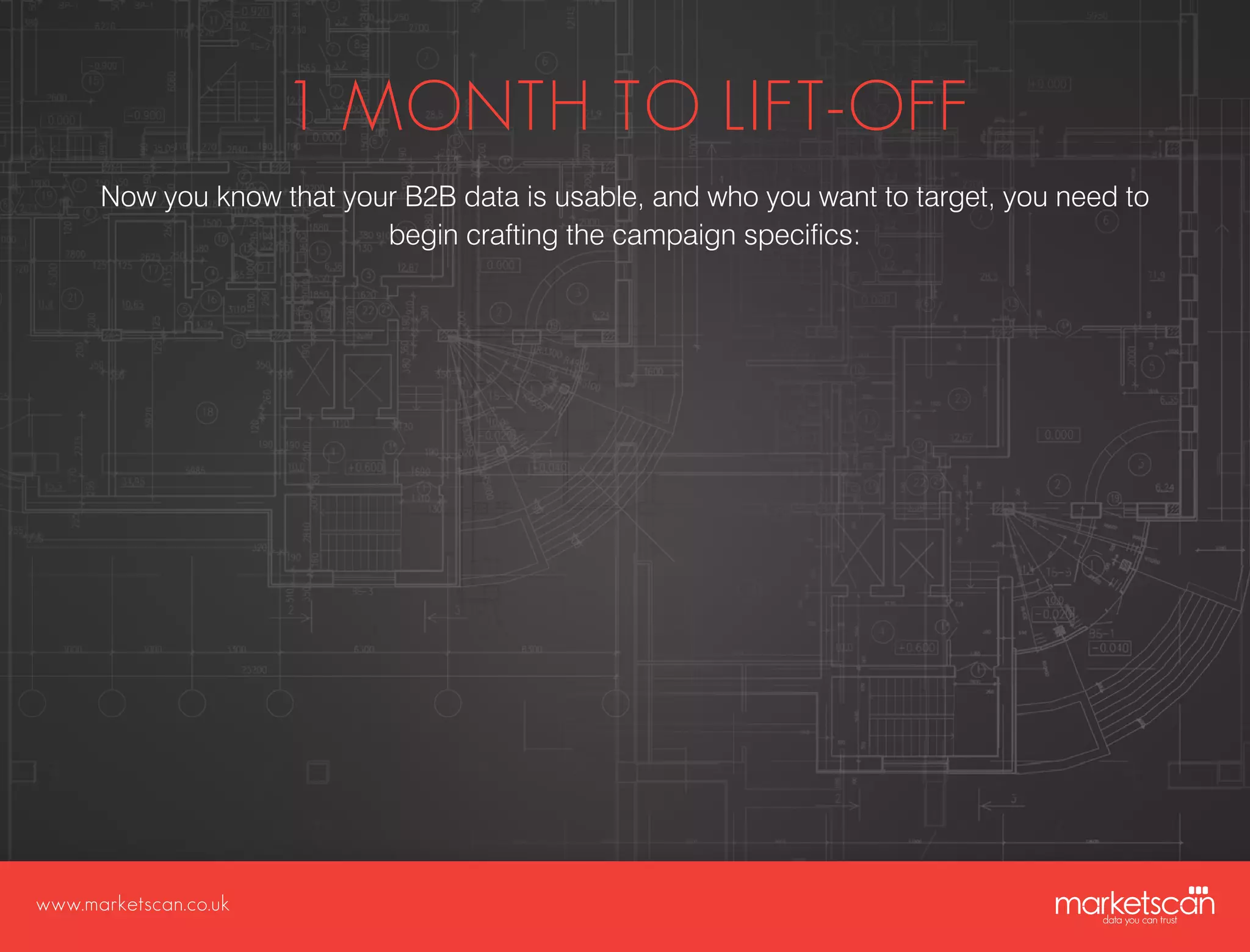 www.marketscan.co.uk
1 MONTH TO LIFT-OFF
Now you know that your B2B data is usable, and who you want to target, you need to
begin crafting the campaign specifics:
 