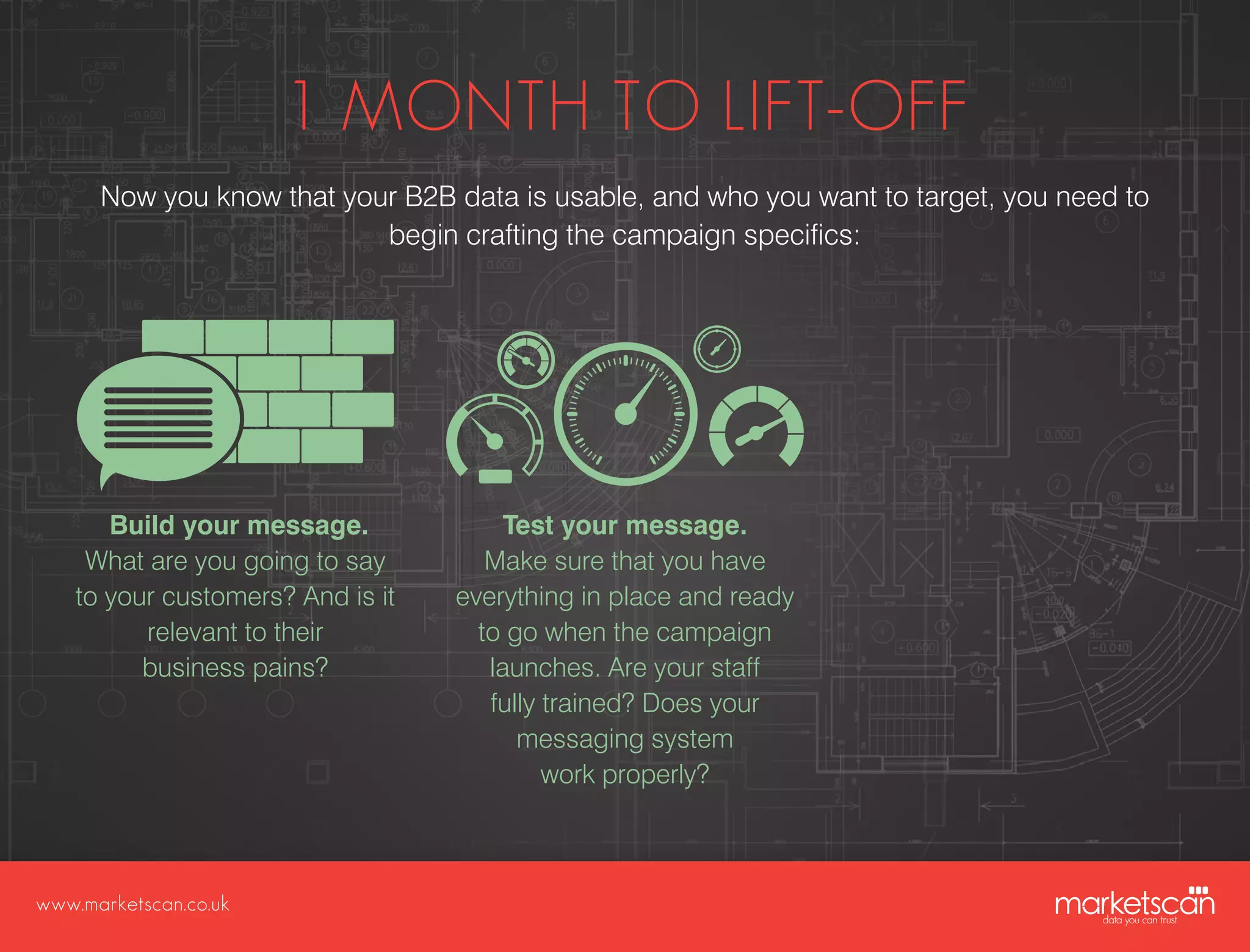 www.marketscan.co.uk
1 MONTH TO LIFT-OFF
Now you know that your B2B data is usable, and who you want to target, you need to
begin crafting the campaign specifics:
Build your message.
What are you going to say
to your customers? And is it
relevant to their
business pains?
Test your message.
Make sure that you have
everything in place and ready
to go when the campaign
launches. Are your staff
fully trained? Does your
messaging system
work properly?
 