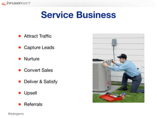 Service Business

       •      Attract Trafﬁc

       •      Capture Leads

       •      Nurture

       •      Convert Sales

       •      Deliver & Satisfy

       •      Upsell

       •      Referrals
@tylergarns
 