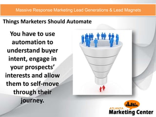 Things Marketers Should Automate
Massive Response Marketing Lead Generations & Lead Magnets
You have to use
automation to
understand buyer
intent, engage in
your prospects’
interests and allow
them to self-move
through their
journey.
 
