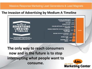 The Invasion of Advertising by Medium A Timeline
Massive Response Marketing Lead Generations & Lead Magnets
The only way to reach consumers
now and in the future is to stop
interrupting what people want to
consume.
 