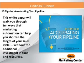 10 Tips for Accelerating Your Pipeline
Endless Funnels
This white paper will
walk you through
ten ways that
marketing
automation can help
you shorten the
length of your sales
cycle — without the
additional
investment in time
and resources.
 