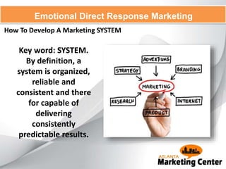 How To Develop A Marketing SYSTEM
Emotional Direct Response Marketing
Key word: SYSTEM.
By definition, a
system is organized,
reliable and
consistent and there
for capable of
delivering
consistently
predictable results.
 