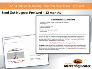 Send Out Nuggets Postcard – 12 months
The 54 Different Marketing Tasks You Need to Do Every Year
 