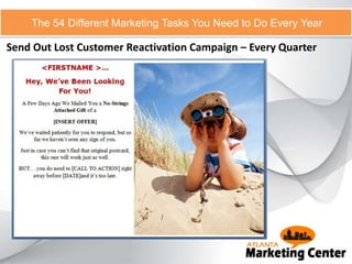 Send Out Lost Customer Reactivation Campaign – Every Quarter
The 54 Different Marketing Tasks You Need to Do Every Year
 