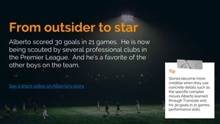 From outsider to star
Alberto scored 30 goals in 21 games. He is now
being scouted by several professional clubs in
the Premier League. And he’s a favorite of the
other boys on the team.
See a short video on Alberto’s story
Tip
Stories become more
credible when they use
concrete details such as
the specific complex
moves Alberto learned
through Translate and
his 30 goals in 21 games
performance stats.
 