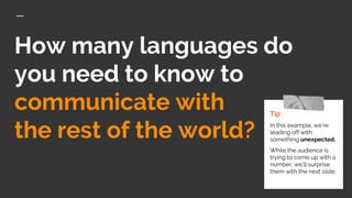 How many languages do
you need to know to
communicate with
the rest of the world?
Tip
In this example, we’re
leading off with
something unexpected.
While the audience is
trying to come up with a
number, we’ll surprise
them with the next slide.
 