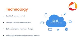 Technology
● SaaS (software as a service)
● Example: Electronic Medical Records
● Software companies in general / startups
● Technology companies that cater towards law firms
 