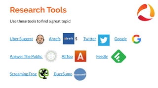 Research Tools
Use these tools to ﬁnd a great topic!
Uber Suggest Ahrefs $ Twitter Google
Answer The Public d AllTop Feedly
Screaming Frog BuzzSumo
 