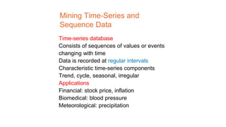 Mining Time-Series and
Sequence Data
Time-series database
Consists of sequences of values or events
changing with time
Data is recorded at regular intervals
Characteristic time-series components
Trend, cycle, seasonal, irregular
Applications
Financial: stock price, inflation
Biomedical: blood pressure
Meteorological: precipitation
 
