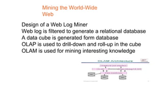 Design of a Web Log Miner
Web log is filtered to generate a relational database
A data cube is generated form database
OLAP is used to drill-down and roll-up in the cube
OLAM is used for mining interesting knowledge
Mining the World-Wide
Web
 