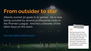 From outsider to star
Alberto scored 30 goals in 21 games. He is now
being scouted by several professional clubs in
the Premier League. And he’s a favorite of the
other boys on the team.
See a short video on Alberto’s story
Tip
Stories become more
credible when they use
concrete details such as
the specific complex
moves Alberto learned
through Translate and
his 30 goals in 21 games
performance stats.
 
