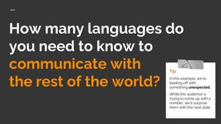 How many languages do
you need to know to
communicate with
the rest of the world?
Tip
In this example, we’re
leading off with
something unexpected.
While the audience is
trying to come up with a
number, we’ll surprise
them with the next slide.
 