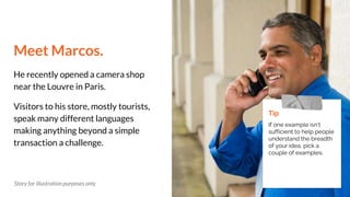 Meet Marcos.
He recently opened a camera shop
near the Louvre in Paris.
Visitors to his store, mostly tourists,
speak many different languages
making anything beyond a simple
transaction a challenge.
Tip
If one example isn’t
sufficient to help people
understand the breadth
of your idea, pick a
couple of examples.
Story for illustration purposes only
 