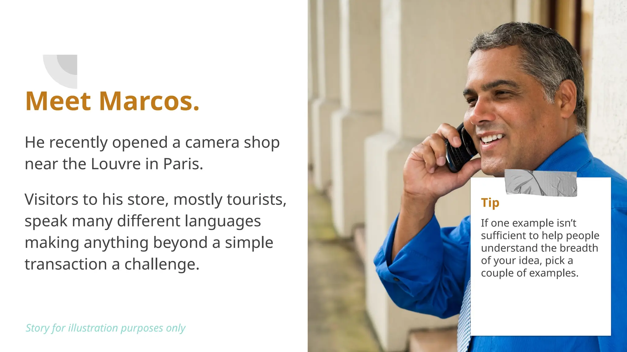 Meet Marcos.
He recently opened a camera shop
near the Louvre in Paris.
Visitors to his store, mostly tourists,
speak many different languages
making anything beyond a simple
transaction a challenge.
Tip
If one example isn’t
sufficient to help people
understand the breadth
of your idea, pick a
couple of examples.
Story for illustration purposes only
 