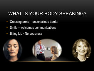 WHAT IS YOUR BODY SPEAKING?
• Crossing arms – unconscious barrier
• Smile – welcomes communications
• Biting Lip - Nervousness
 