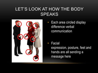 LET’S LOOK AT HOW THE BODY
          SPEAKS
            • Each area circled display
              difference verbal
              communication


            • Facial
              expression, posture, feet and
              hands are all sending a
              message here
 