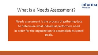 What is a Needs Assessment?
Needs assessment is the process of gathering data
to determine what individual performers need
in order for the organization to accomplish its stated
goals.
 