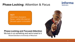 21
FACT:
Attention sharpens
focus – what the learner
focuses upon is encoded.
21
Phase-Locking: Attention & Focus
Phase-Locking and Focused Attention
We lock in on something and we're tuned to it
Richard Davidson at University of Wisconsin
 