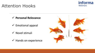 Attention Hooks
✓ Personal Relevance
✓ Emotional appeal
✓ Novel stimuli
✓ Hands on experience
 