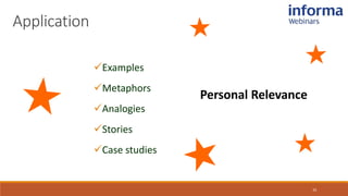25
✓Examples
✓Metaphors
✓Analogies
✓Stories
✓Case studies
Personal Relevance
Application
 