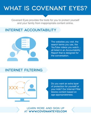 Covenant Eyes provides the tools for you to protect yourselfand your family from inappropriate content online. Internet AccountabilityInternet filteringThe websites you visit, thesearch terms you use, theYouTube videos you watch… all listed in an AccountabilityReport that is designed forthe conversation. Do you want an extra layerof protection for yourself oryour kids? Our Internet Filterblocks content based onage-appropriateness. Learn more and sign upat www.covenanteyes.comWhat is covenant eyes?  