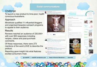 @ mab397 | mab397.wordpress.com | Head of Social, Mindshare | Australia
Challenge
To launch a new product to time-poor, health
conscious Australians.
Approach
Mindshare qualified 11 influential bloggers
and organised bespoke outreach programs
to appeal to their audience.
Results
Reviews reached an audience of 330,000+
with over 900 responses including
recipes, videos and post-purchase
comments.
Of these responses, there were 273
mentions of the word LOVE to describe the
product.
Reporting gave insight into what features
excited consumers most.
 