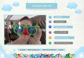 @ mab397 | mab397.wordpress.com | Head of Social, Mindshare | Australia
Connect with me
@mab397
mandibateson
Sydney, Australia
(+61) 2 9287 8400
Mindshare Australia
mab397.wordpress.com
 