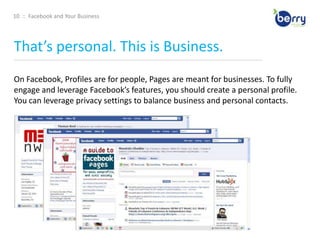 6  ::  Facebook and Your BusinessWhy should you care?____________________________________________________________________________________________________________________________________________FACEBOOK IS …Currently populated by over 750 million active users and growing. The 2nd most popular website in the world (behind Google) in terms of unique visitors, and the most popular social network overall. Tens of thousands of work-related, collegiate, and high school networks. Approximately 2/3’s of U.S. Facebook users are outside of the college demoUsers age 26 - 64 make up more than half of Facebook’s US user base. Expanding far beyond, and you’d be hard-pressed to find a demographic not yet represented among Facebook’s750 million users worldwide. 
