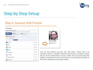 Personal profiles have friends, which require mutual acceptance, whereas anyone can become a fan of your Page without needing admin approval. 12  ::  Facebook and Your BusinessThat’s personal. This is Business.____________________________________________________________________________________________________________________________________________Worried about privacy? Facebook is very flexible in letting you control your exposure on Facebook. We’ll discuss how to customize your privacy settings to control who sees which parts of your profile so you can safely engage on Facebook with both personal and business contacts.