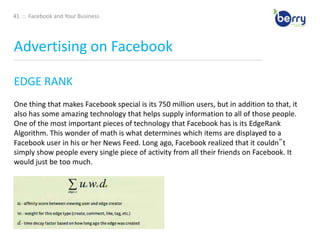 25  ::  Facebook and Your BusinessPrivate Parts____________________________________________________________________________________________________________________________________________If you are concerned about exposing portions of your profile to different connections – Facebook allows you to customize your privacy settings to control who sees portions of your profile and recommends settings based on who is viewing your profile. Click on “Account”, then “Privacy Settings.”