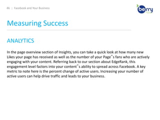 28  ::  Facebook and Your BusinessSetting Up Your Business ____________________________________________________________________________________________________________________________________________To get started, visit www.facebook.com/pages/create.php (Note: you must be logged in to create a Page). Facebook will then walk you through a simple wizard to create your Page.