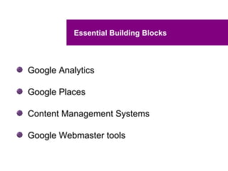 Essential Building Blocks



Google Analytics

Google Places

Content Management Systems

Google Webmaster tools
 