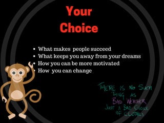 Your
Choice
What makes people succeed
What keeps you away from your dreams
How you can be more motivated
How you can change
 