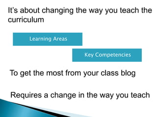 Learning Areas
Key Competencies
Requires a change in the way you teach
It’s about changing the way you teach the
curriculum
To get the most from your class blog
 
