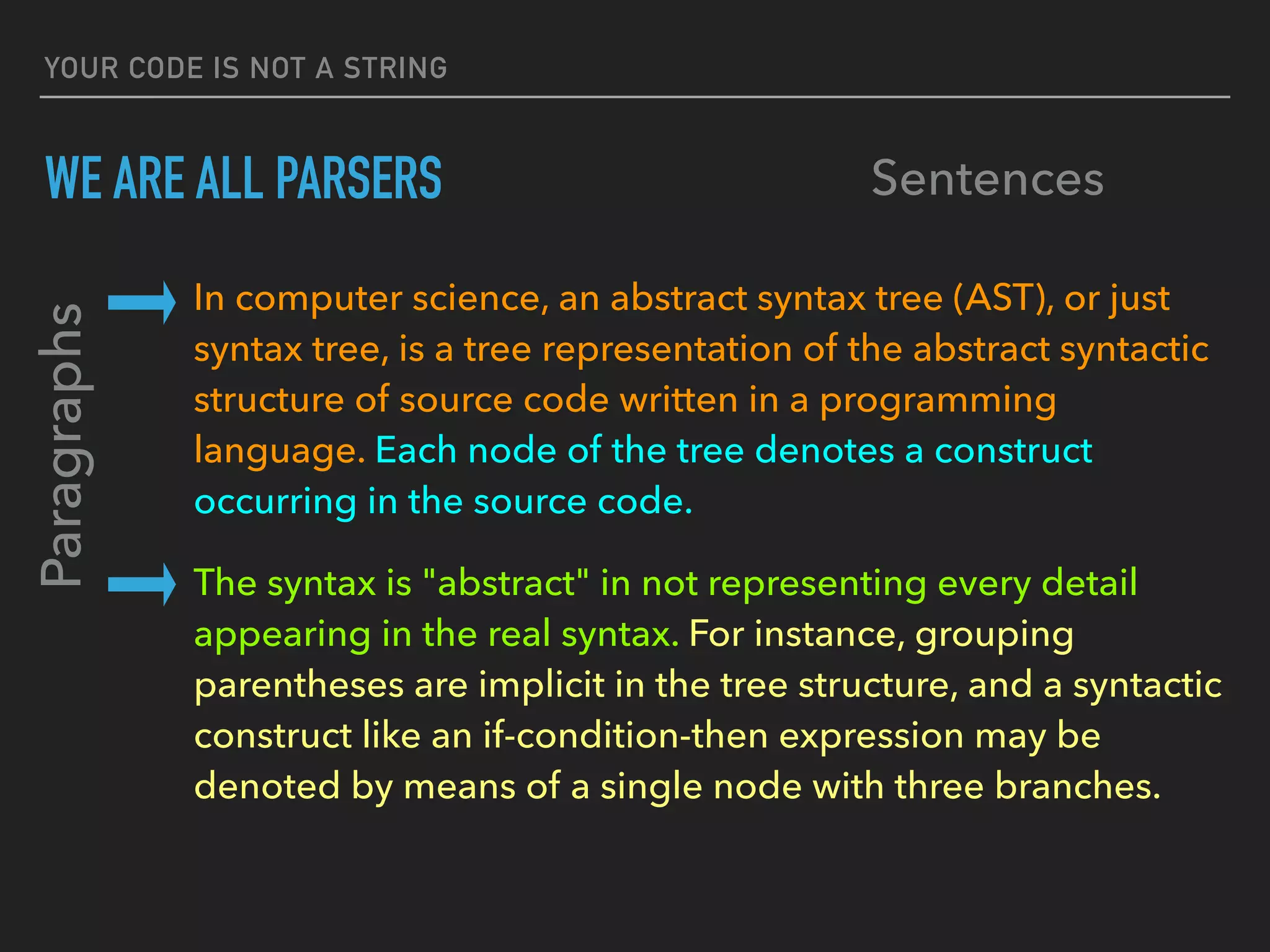 YOUR CODE IS NOT A STRING
WE ARE ALL PARSERS
In computer science, an abstract syntax tree (AST), or just 
syntax tree, is a tree representation of the abstract syntactic 
structure of source code written in a programming 
language. Each node of the tree denotes a construct 
occurring in the source code.
The syntax is "abstract" in not representing every detail 
appearing in the real syntax. For instance, grouping 
parentheses are implicit in the tree structure, and a syntactic 
construct like an if-condition-then expression may be 
denoted by means of a single node with three branches.
Paragraphs
Sentences
 