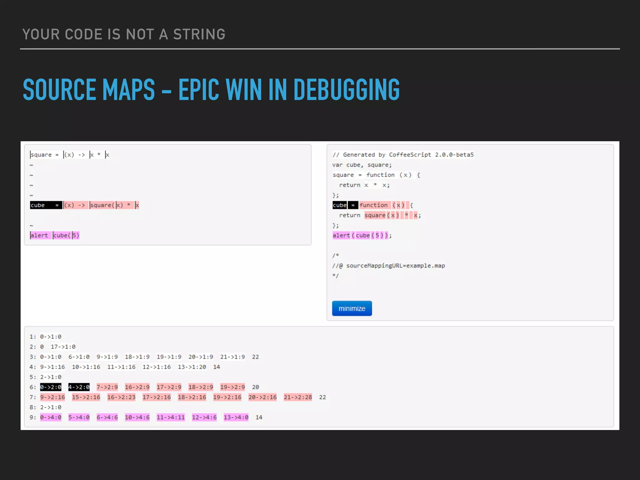 YOUR CODE IS NOT A STRING
SOURCE MAPS - EPIC WIN IN DEBUGGING
 