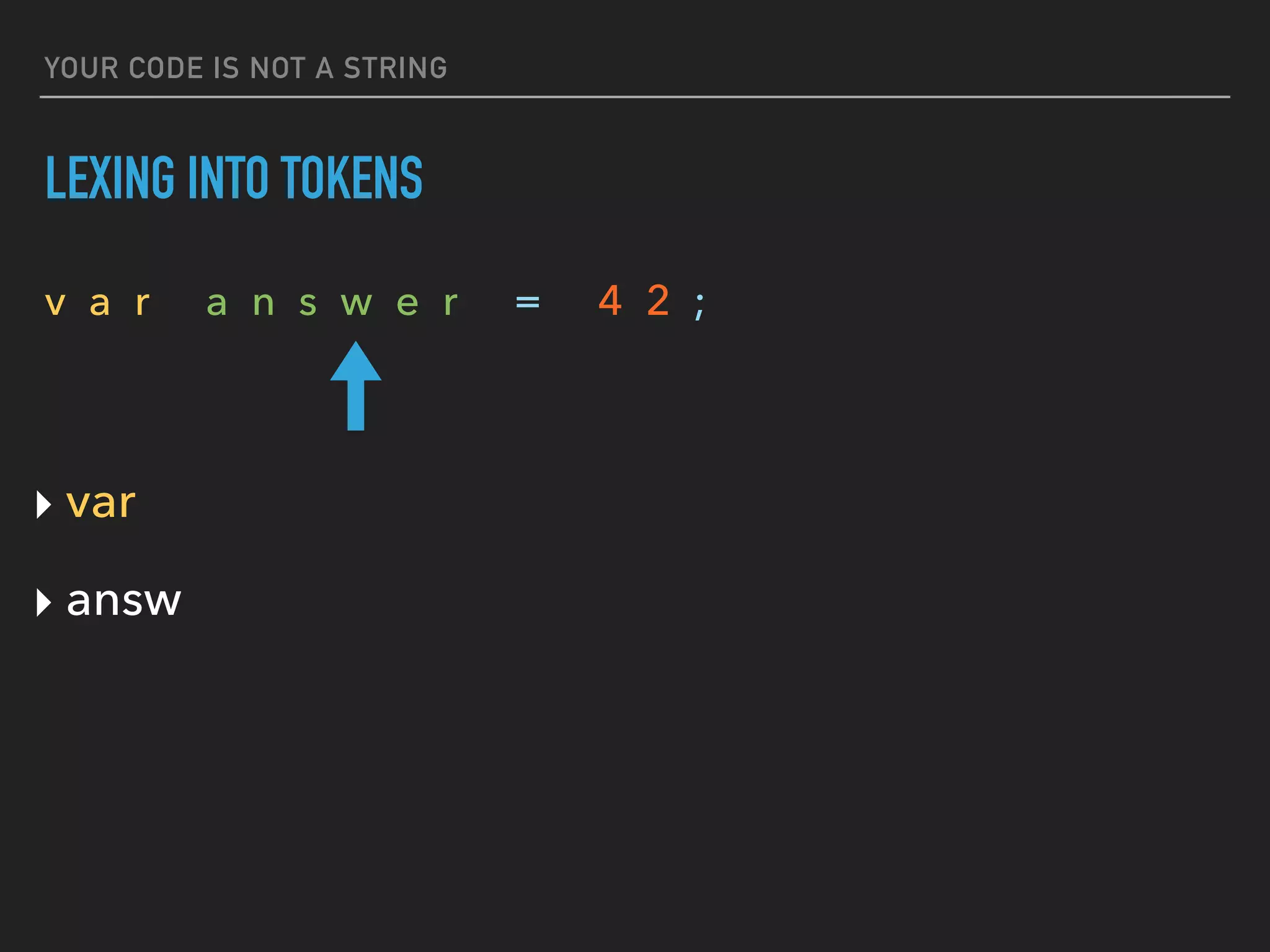 YOUR CODE IS NOT A STRING
LEXING INTO TOKENS
v a r a n s w e r = 4 2 ;
‣ var
‣ answ
 