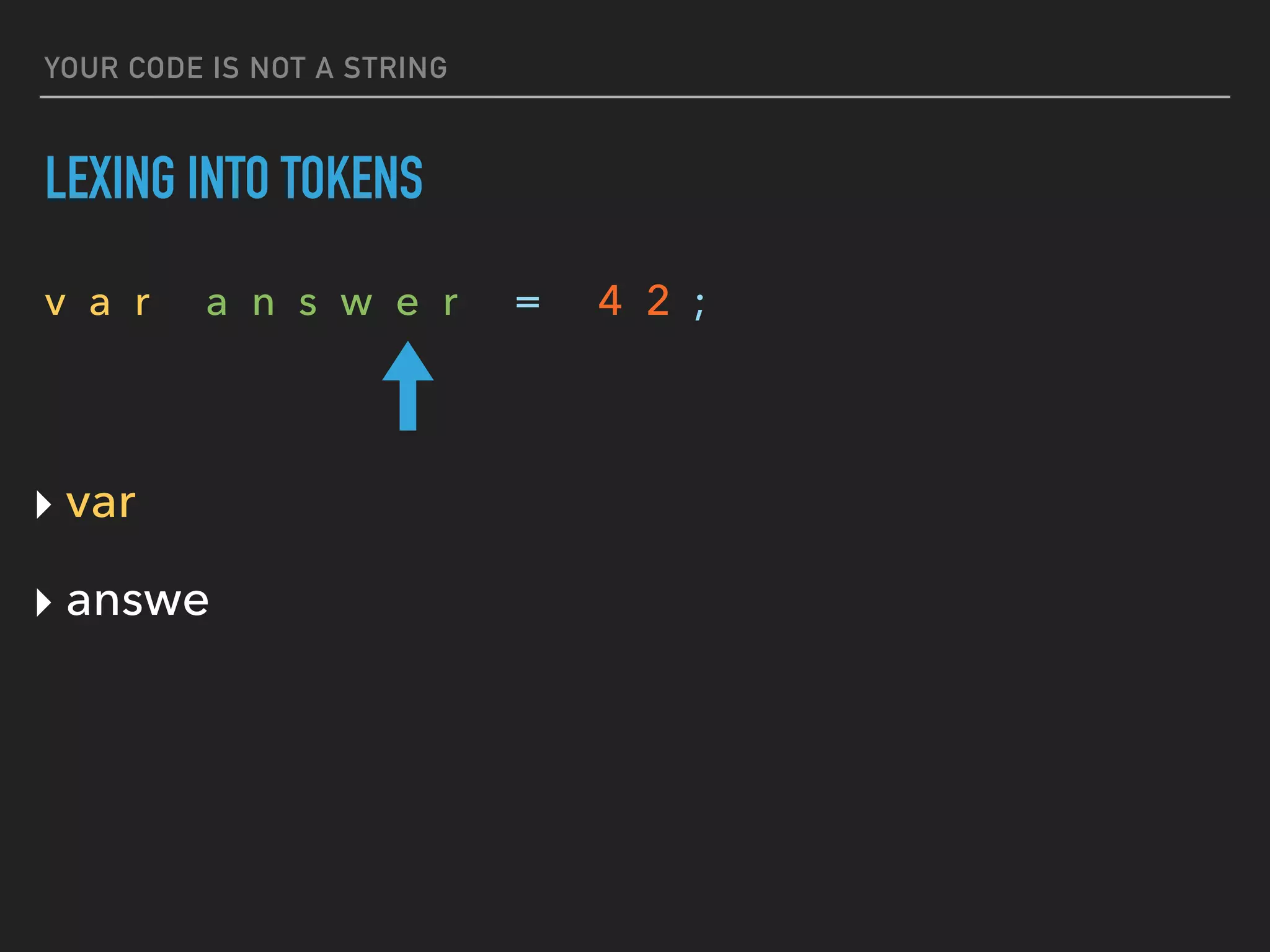 YOUR CODE IS NOT A STRING
LEXING INTO TOKENS
v a r a n s w e r = 4 2 ;
‣ var
‣ answe
 