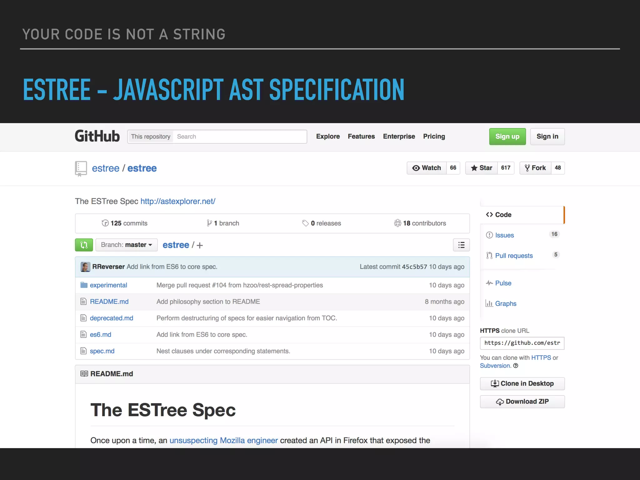YOUR CODE IS NOT A STRING
ESTREE - JAVASCRIPT AST SPECIFICATION
 