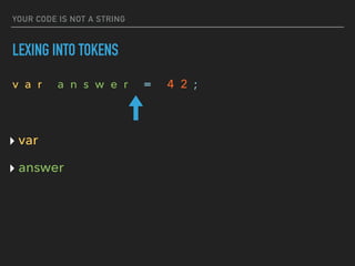 YOUR CODE IS NOT A STRING
LEXING INTO TOKENS
v a r a n s w e r = 4 2 ;
‣ var
‣ answer
 