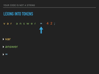 YOUR CODE IS NOT A STRING
LEXING INTO TOKENS
v a r a n s w e r = 4 2 ;
‣ var
‣ answer
‣ =
 