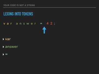 YOUR CODE IS NOT A STRING
LEXING INTO TOKENS
v a r a n s w e r = 4 2 ;
‣ var
‣ answer
‣ =
 