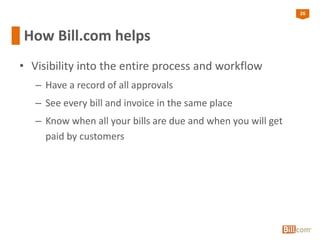 26
How Bill.com helps
• Visibility into the entire process and workflow
– Have a record of all approvals
– See every bill and invoice in the same place
– Know when all your bills are due and when you will get
paid by customers
 