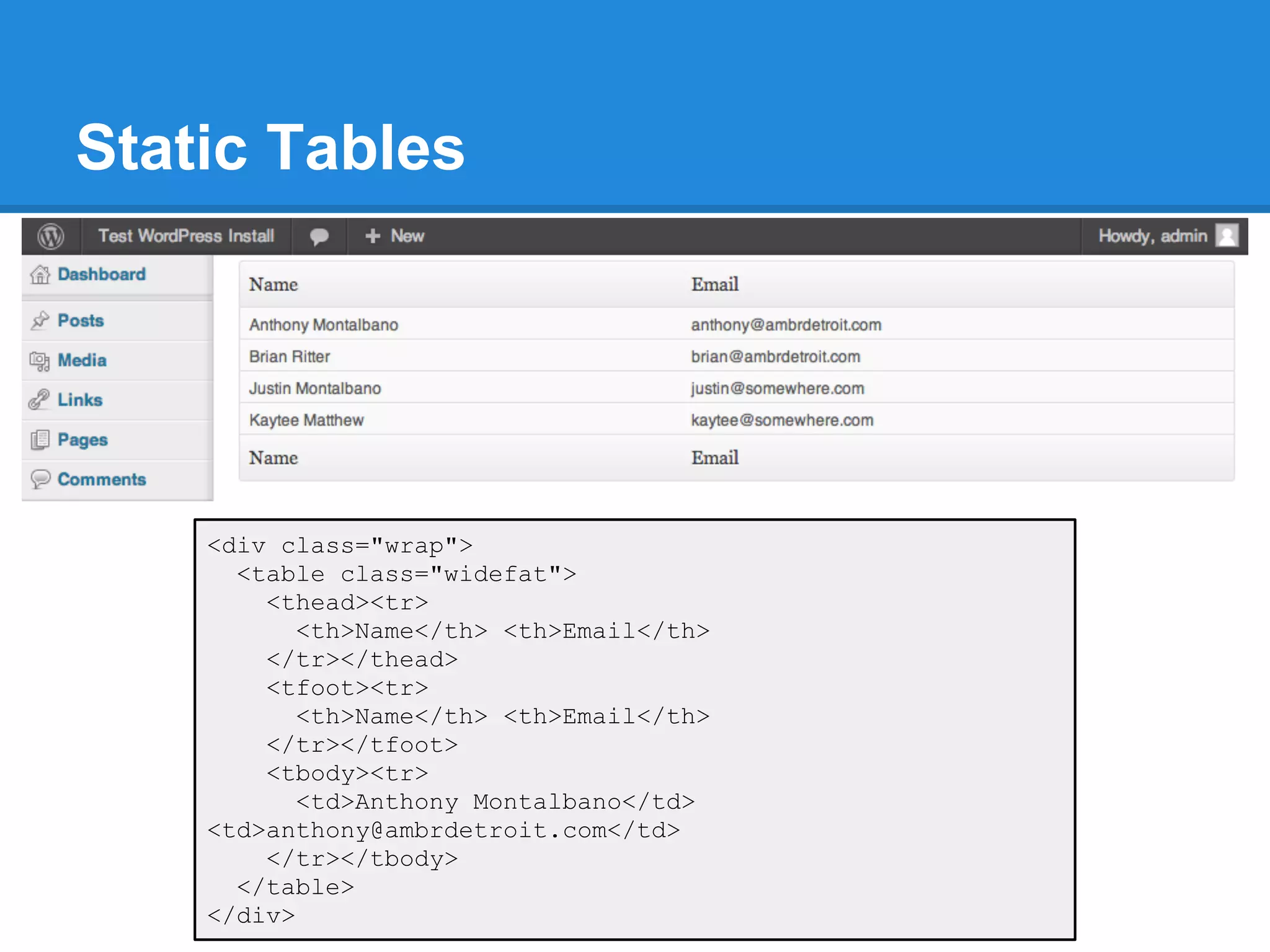 Static Tables




    <div class="wrap">
      <table class="widefat">
        <thead><tr>
           <th>Name</th> <th>Email</th>
        </tr></thead>
        <tfoot><tr>
           <th>Name</th> <th>Email</th>
        </tr></tfoot>
        <tbody><tr>
           <td>Anthony Montalbano</td>
    <td>anthony@ambrdetroit.com</td>
        </tr></tbody>
      </table>
    </div>
 