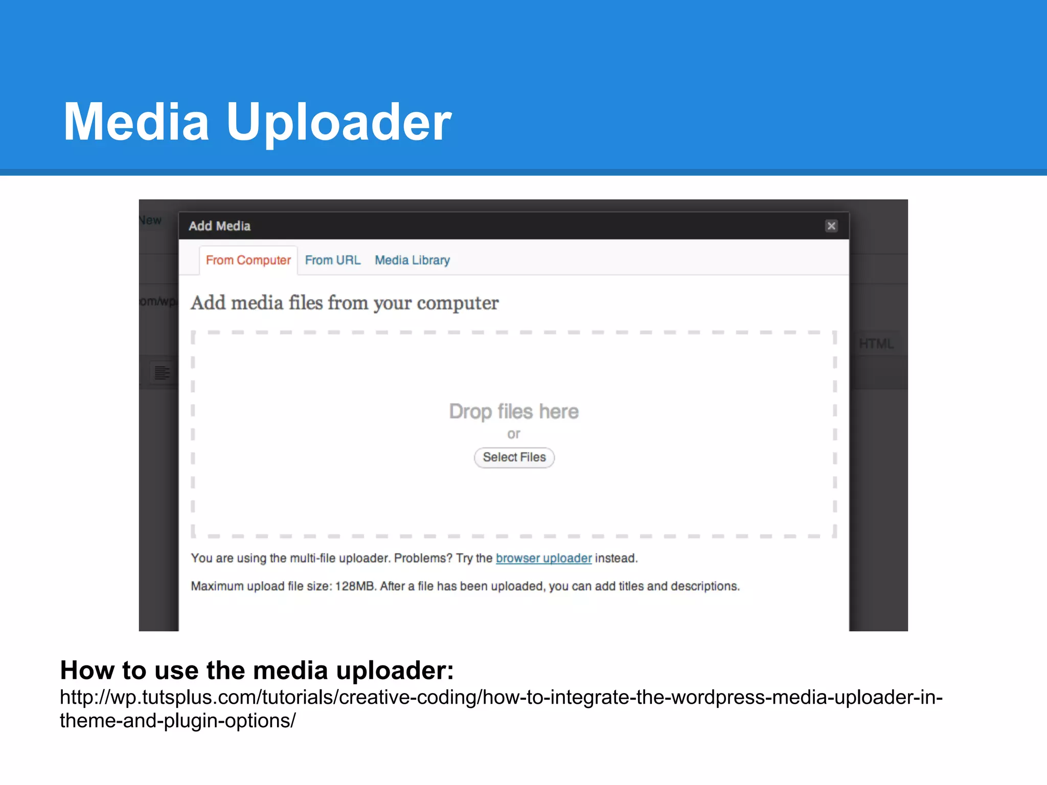 Media Uploader




How to use the media uploader:
http://wp.tutsplus.com/tutorials/creative-coding/how-to-integrate-the-wordpress-media-uploader-in-
theme-and-plugin-options/
 